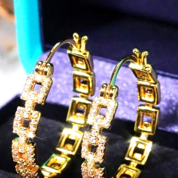 YELLOW 14K/STERLING WHITE TOPAZ HOOP EARRINGS 1 IN - Picture 3 of 4